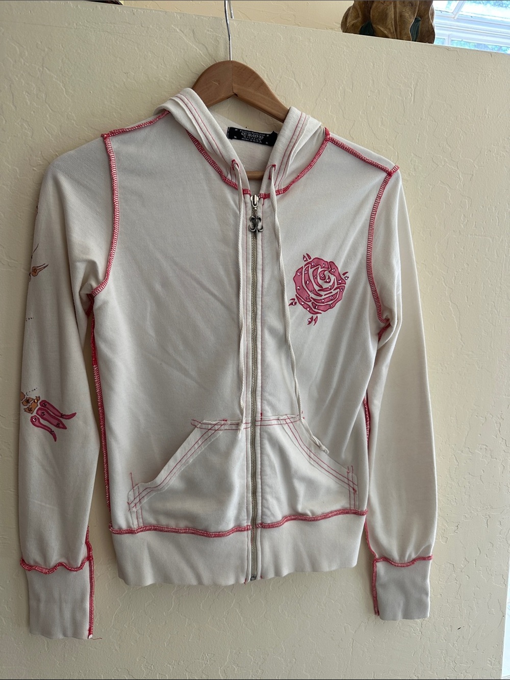 White & Pink Zip-Up Hoodie with Rose Graphic
